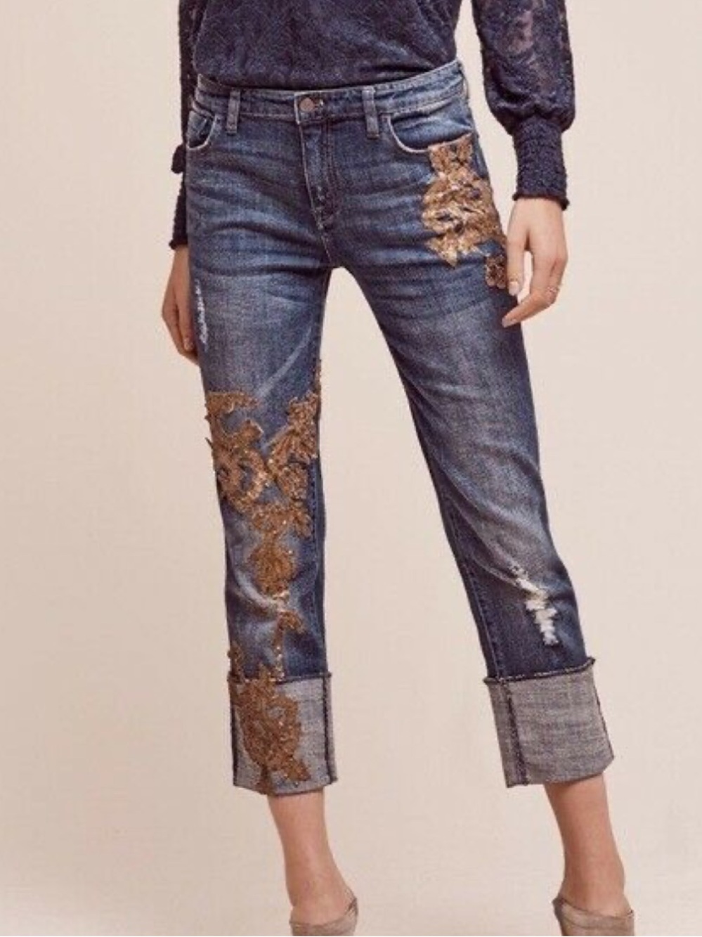 Anthropologie Pilcro Hyphen Mid Rise Appliqué Gold Sequin Cuffed Jeans